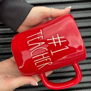 Rae Dunn red coffee mug with white writing